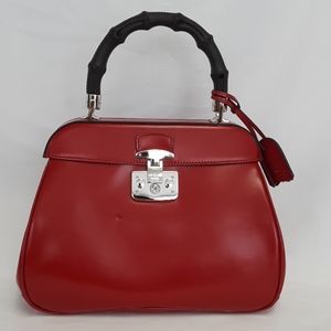 New GUCCI 331830 Red lady lock bamboo top hand bag